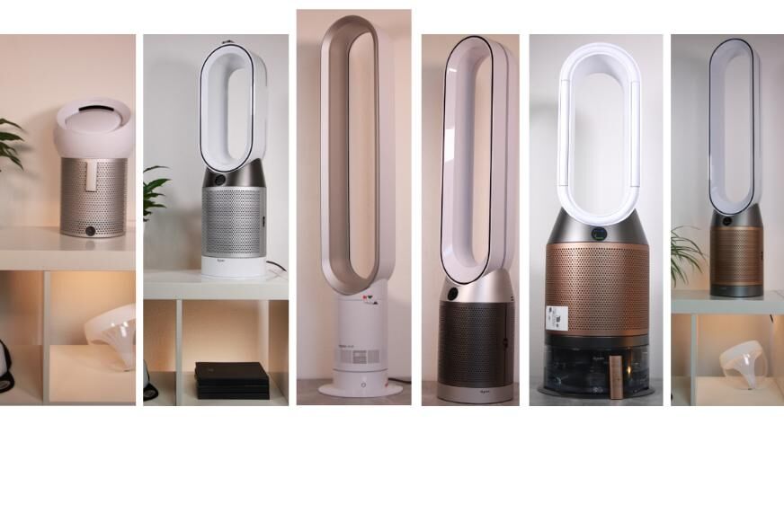 Verschiedene Dyson Kombigeräte, Luftreiniger und Ventilatoren stehen nebeneinander im direkten Test und Vergleich.